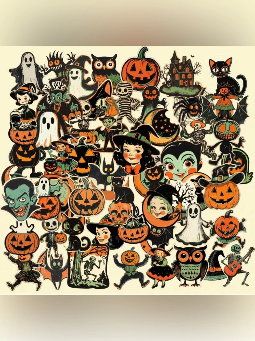 64 Vintage Halloween Stickers - Orange, Black & Green Kids Pumpkin Ghost Owl Cat